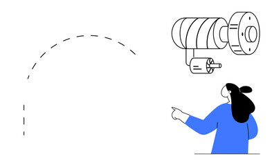 Person in blue pointing at a rotating mechanism. Ideal for technology, engineering, education, science, mechanical systems. Simple and modern style