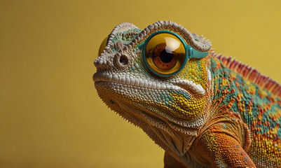 Vibrant Close-Up of a Colorful Lizard with Striking Eyes Against a Bright Yellow Background