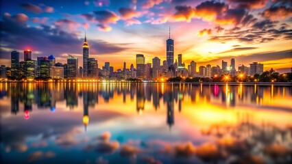 Obraz premium Vibrant city skyline at sunset reflecting in calm water, showcasing urban beauty and serenity