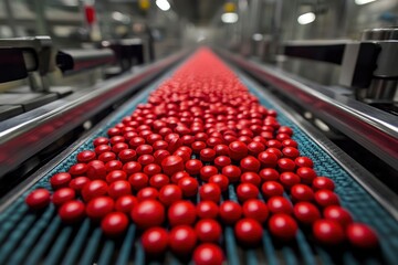 Obraz premium Red Pills Moving on a Conveyor Belt in a Pharmaceutical Factory
