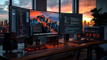 A developer debugging JavaScript code on a desktop computer with multiple monitors
