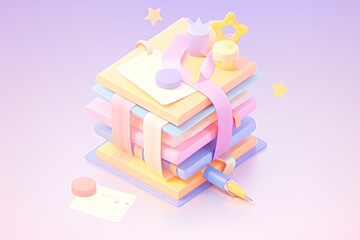 Pastel-Colored Stack of Books with a Pen and Stars