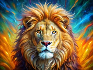 Fototapeta premium Vibrant Colorful Lion Portrait with Majestic Mane Against a Bold Abstract Background in Nature