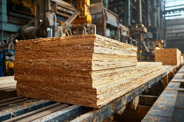 Stacked Plywood Sheets on a Conveyor Belt in a Factory