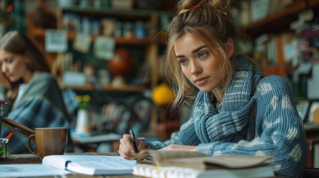 A German language teacher sitting at a desk, helping a student with their German homework, surrounded by textbooks and learning materials