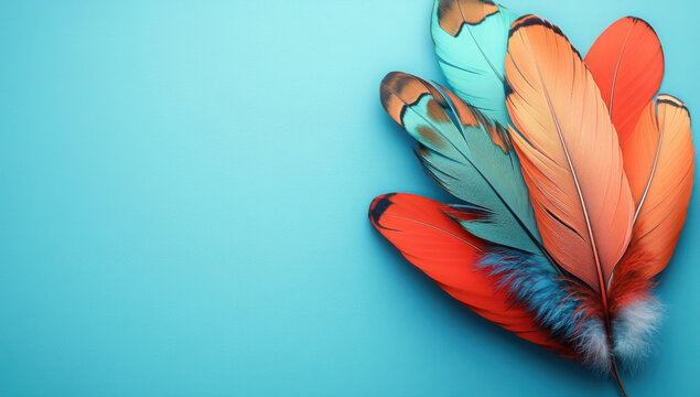 Fototapeta Nation indigenous peoples day concept, Colorful feather on minimslist color background