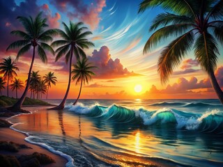 Fototapeta premium Vibrant Digital Art Sunset Over Tranquil Ocean Waves with Lush Silhouetted Palm Trees in Foreground