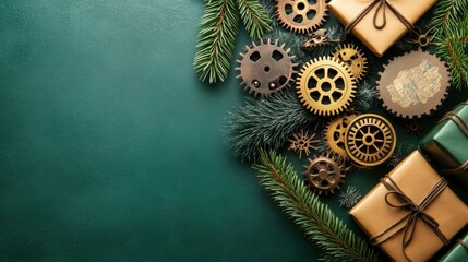 Fototapeta premium Steampunk Christmas: Gears and Gifts on Green, AI