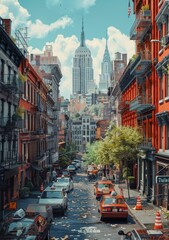 Fototapeta premium New York City Street Scene Illustration