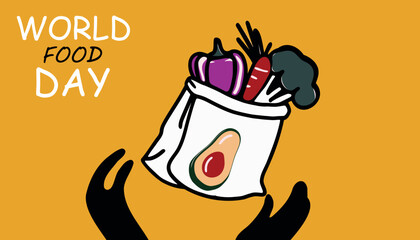 A poster for World Food Day featuring a bag of vegetables