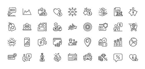 Fan engine, New star and Loan percent line icons pack. AI, Question and Answer, Map pin icons. Loan, Graph chart, Business growth web icon. Loyalty tags, Wallet, Shopping cart pictogram. Vector