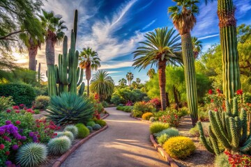 Fototapeta premium Vibrant Flora and Serene Pathways in Botanical Gardens of Phoenix, Arizona Amidst Lush Greenery
