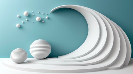 White podium with blue background and white balls