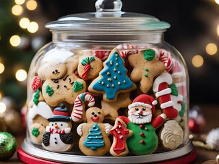 Obraz premium Christmas cookie jar filled with festive treats, showcasing the decorated jar and delicious cookies inside.