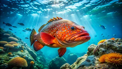 Fototapeta premium Vibrant Freshwater Grouper Swimming Gracefully in Crystal Clear Aquatic Habitat Underwater Scene
