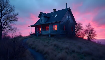Fototapeta premium Rural Cabin at Sunrise with Pink Clouds Eerie Scary Atmosphere Solitary Mystery 