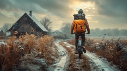 Obraz premium A delivery person with a thermal backpack delivering a meal to a family in a rural area