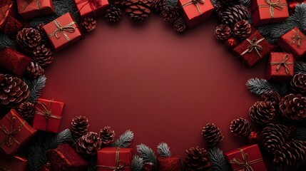 Red Christmas background with gifts, pine cones, and evergreen branches on the edges