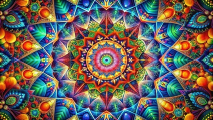 Vibrant Geometric Psychedelic Art in Bold Colors with Intricate Patterns and Abstract Designs