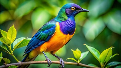 Obraz premium Vibrant Golden Breasted Starling Perched on a Branch Amidst Lush Green Foliage in Natural Habitat