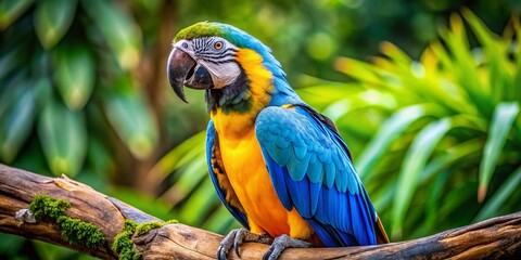 Obraz premium Vibrant Gold Blue Macaw Perched on a Branch, Showcasing Bright Feathers and Exotic Beauty in Natural Habitat Wildlife