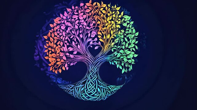 A colorful tree of life illustration with a blue background