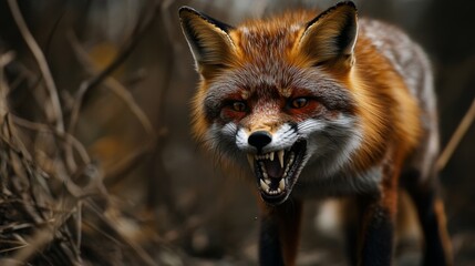 A fox is shown with its mouth open and teeth bared, looking angry. The image has a mood of tension and danger, as the fox appears to be ready to attack