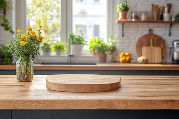 Podium or cutting board on wooden table on defocused rustic kitchen bench interior background
