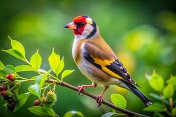 Fototapeta premium Vibrant Goldfinch Perched on a Branch Surrounded by Lush Greenery in Natural Habitat
