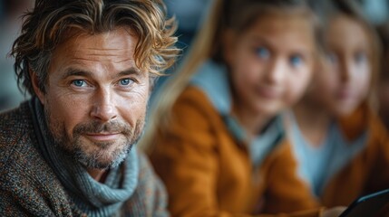 A German language teacher using a digital tablet to show an interactive language lesson to a small group of students