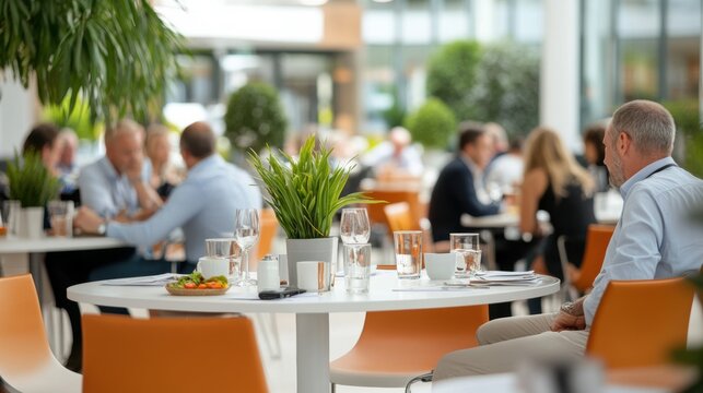 Business people dining at a modern restaurant. Elegant indoor setting. Social and corporate dining concept.
