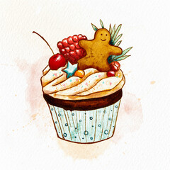 Christmas muffin with gingerbread man, berries, cream and stars, winter elegant cake with Christmas decorations