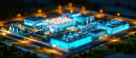 Obraz premium Industrial Facility with Blue Lighting Effect