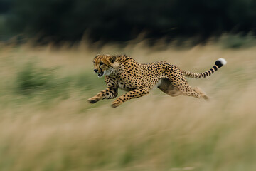 Fototapeta premium Cheetah Running at Full Speed: A cheetah sprinting through the grass, capturing its speed and agility