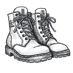 Sketch with a soft pencil of rough boots on laces with an ornament, black and white sketch of boots