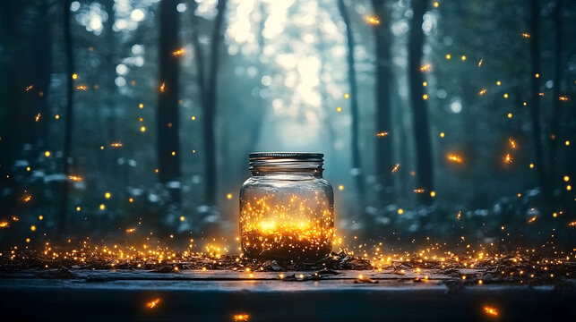 A glass jar rests atop a table amidst a forest brimming with fireflies