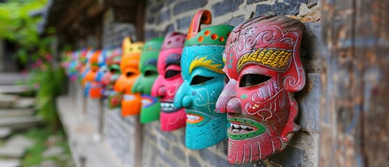 Fototapeta premium Colorful Display of Traditional Masks in Cultural Setting