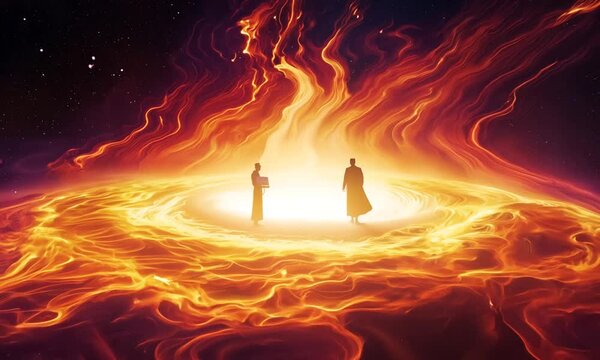 Shadrach, Meshach, and Abednego in the fiery furnace, depicted within a swirling nebula, highlighting their faith amidst trials, with copy space
