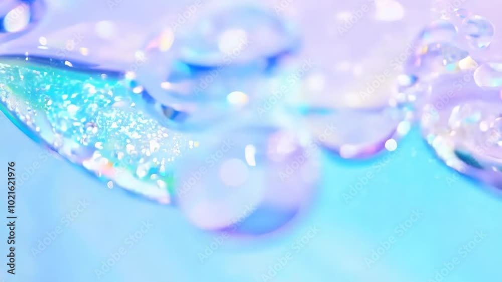 Poster Dynamic drops of holographic glitter in pastel violet oil or ink diffusing through water, creating an abstract aquatic swirls
