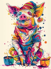 Naklejka premium A psychedelic pig sits on the floor with two bowls of soup