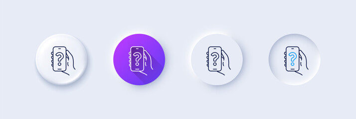 Help app line icon. Neumorphic, Purple gradient, 3d pin buttons. Hand hold phone sign. Cellphone with screen notification symbol. Line icons. Neumorphic buttons with outline signs. Vector