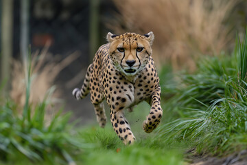 Obraz premium Cheetah Running at Full Speed: A cheetah sprinting through the grass, capturing its speed and agility
