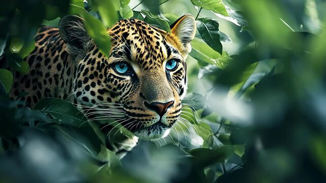 A leopard with bright blue eyes peeks through the lush green foliage of a tropical jungle