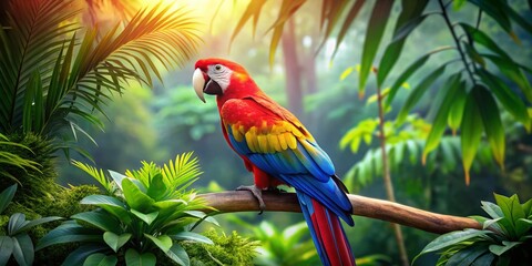 Vibrant Macaw Parrot Perched on a Branch Surrounded by Lush Green Foliage in Tropical Environment