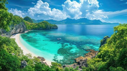 Fototapeta premium A pristine white sand beach with crystal clear turquoise water and lush green foliage, surrounded by dramatic limestone cliffs and a blue sky with fluffy white clouds.