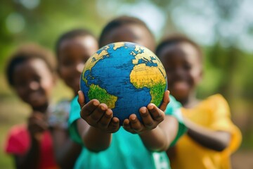a group of children holding a small globe in their hands