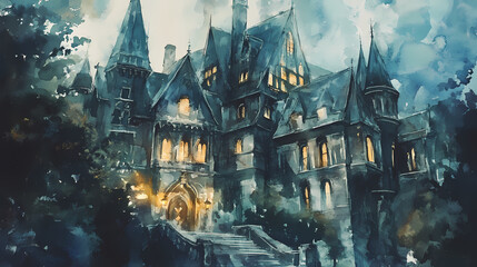 Obraz premium The magical academy a watercolor illustration of a grand old academy where young wizards and witches learn their craft. Magical Academy. Illustration