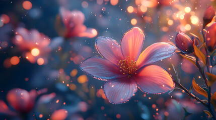Pink Flower with Glittering Edges and Bokeh Illustration