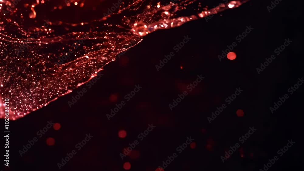 Poster Dynamic drops of red glitter in black oil or ink diffusing through liquid, creating an abstract aquatic swirls
