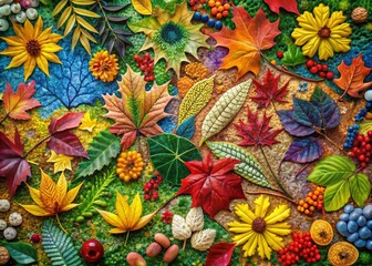 Vibrant Nature Mosaic Featuring Colorful Leaves, Flowers, and Natural Textures in Harmony
